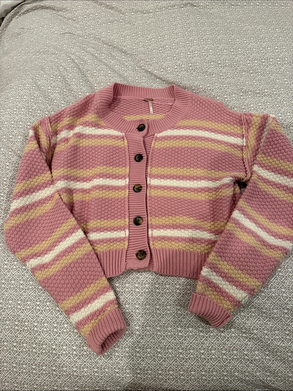 Free People Rose Pink Striped Cropped Cardigan